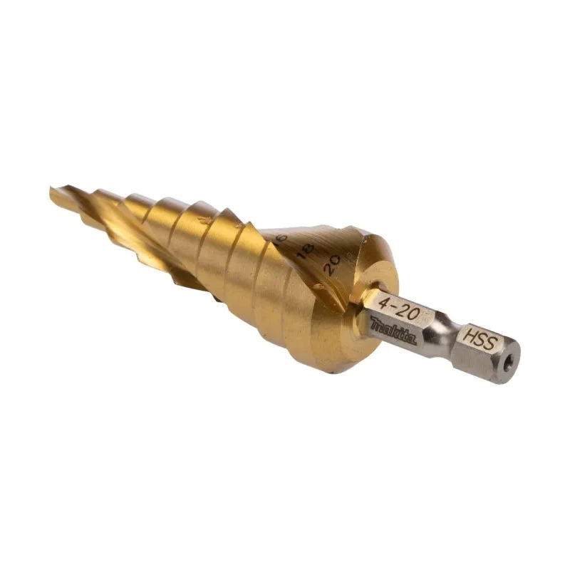 Makita High-Speed Steel Step Drill Bit, 4 to 20 mm, Hex Shank, Tin Coated D-40185