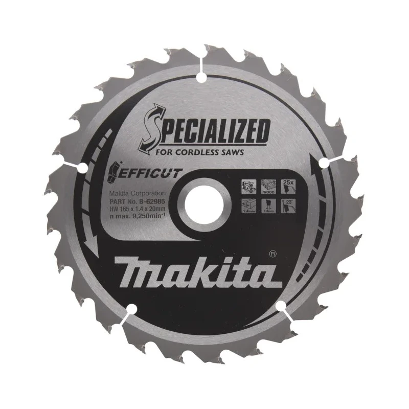 Makita Circular Saw Blade Wood Cutting, Tungsten Carbide, 165mm Diameter, 1mm Plate, 25 Teeth, 9250rpm, B-62985