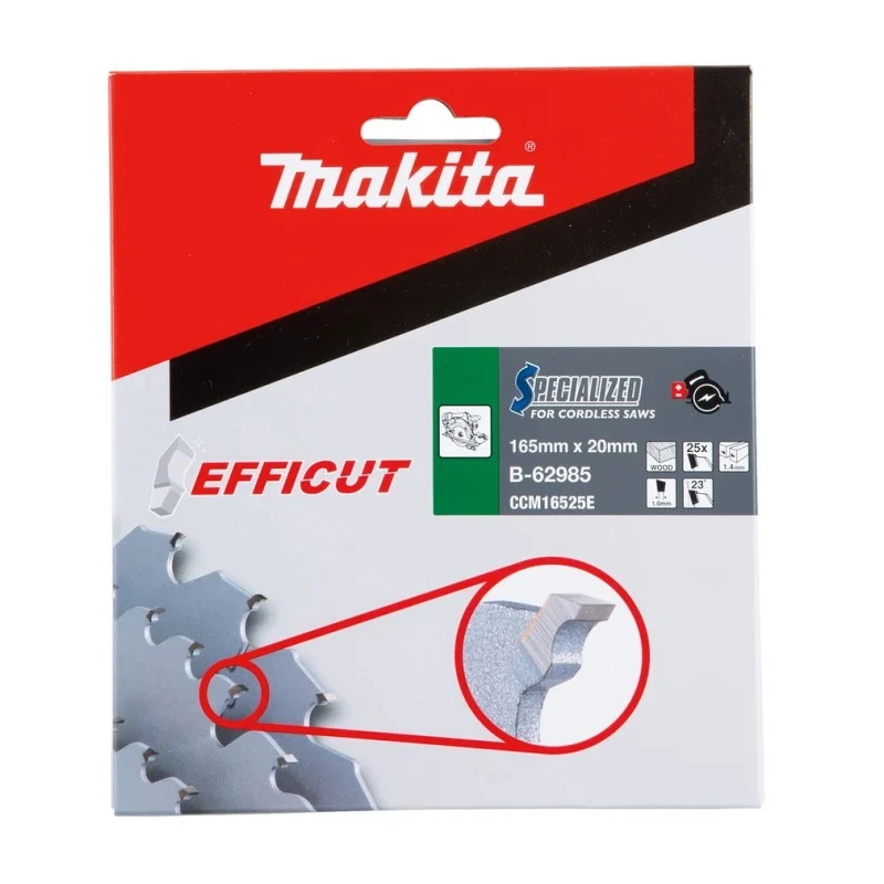 Makita Circular Saw Blade Wood Cutting, Tungsten Carbide, 165mm Diameter, 1mm Plate, 25 Teeth, 9250rpm, B-62985
