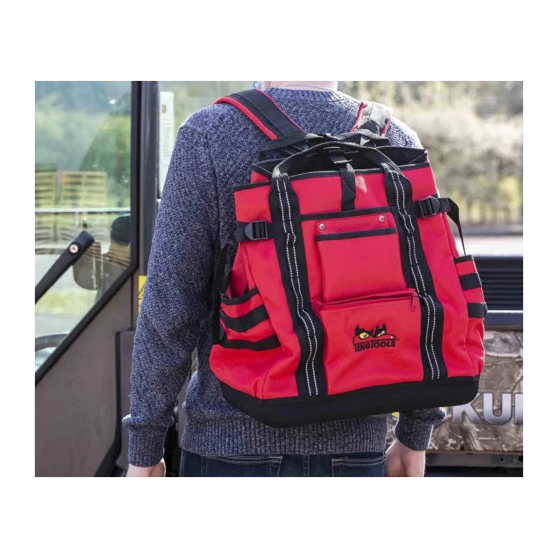 Teng Tools Polyester Tool Backpack with Shoulder Strap, Red/Black, 130x380x430 mm, Zipper Lock TCSB