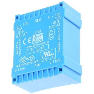 Block PCB Transformer FL 6/12, 12 V AC Dual Output, Pin Mount, 115/230 V Primary, 6 VA, 53x22.6x44 mm