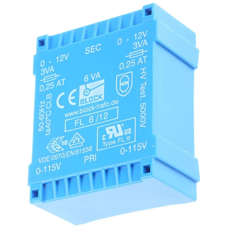 Block PCB Transformer FL 6/12, 12 V AC Dual Output, Pin Mount, 115/230 V Primary, 6 VA, 53x22.6x44 mm