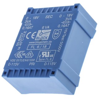 Block PCB Transformer 18 V AC 2 Output Pin, 115/230 V AC Primary, 5000 V Isolation, 53x22.6x44 mm, 980 g, FL 6/18