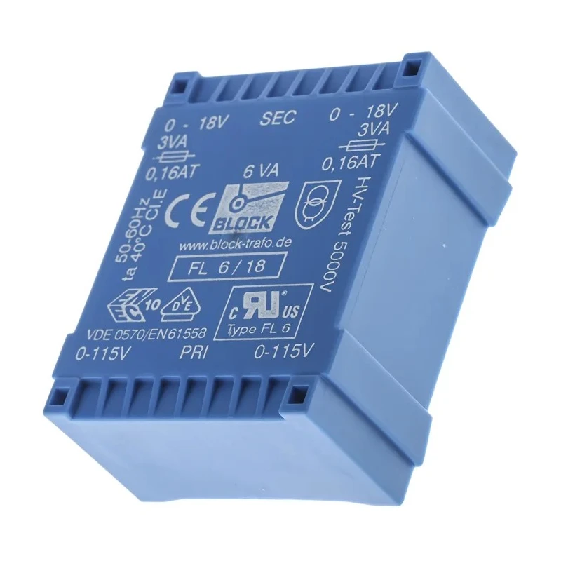 Block PCB Transformer 18 V AC 2 Output Pin, 115/230 V AC Primary, 5000 V Isolation, 53x22.6x44 mm, 980 g, FL 6/18