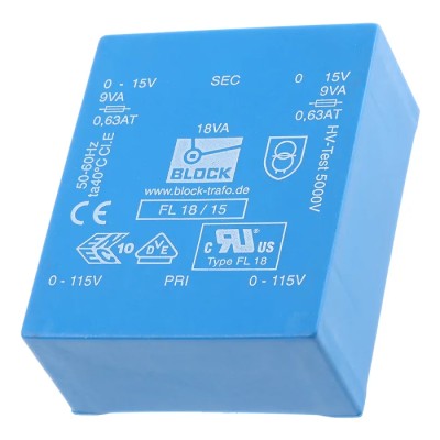 Block PCB Transformer FL 18/15, 15 V AC Dual Secondary, Pin Mount, 115/230 V AC Primary, 18 VA, 2 Output, 68x27.6x57 mm