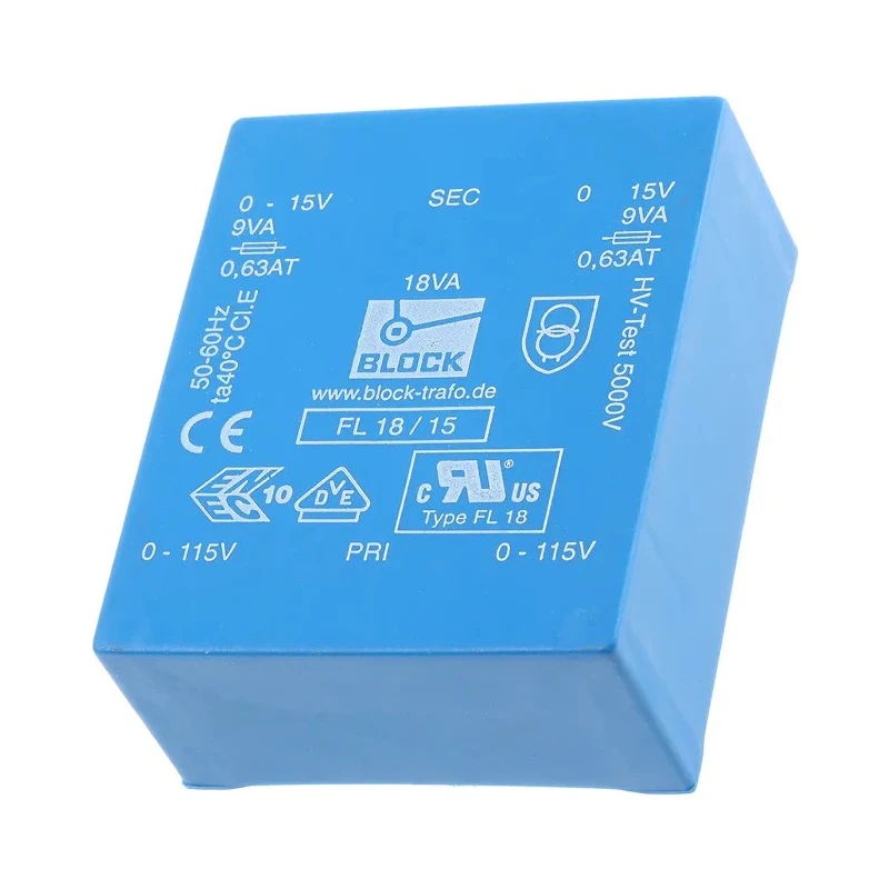 Block PCB Transformer FL 18/15, 15 V AC Dual Secondary, Pin Mount, 115/230 V AC Primary, 18 VA, 2 Output, 68x27.6x57 mm