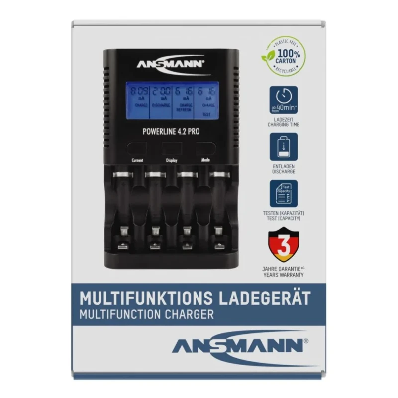 Ansmann Powerline 4.2 Pro Battery Charger 1001-0079-UK for 5V NiMH 1.8A AA/AAA Batteries USB Output with UK/EU Plug, 4 Bays