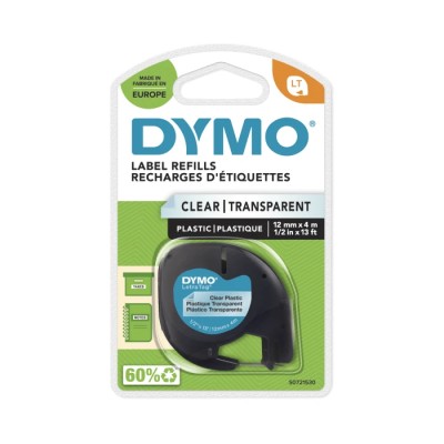Dymo Black on Clear Label Printer Tape, 12 mm Width, 4 m Length, Compatible with LetraTag LT100H LT100T S0721530