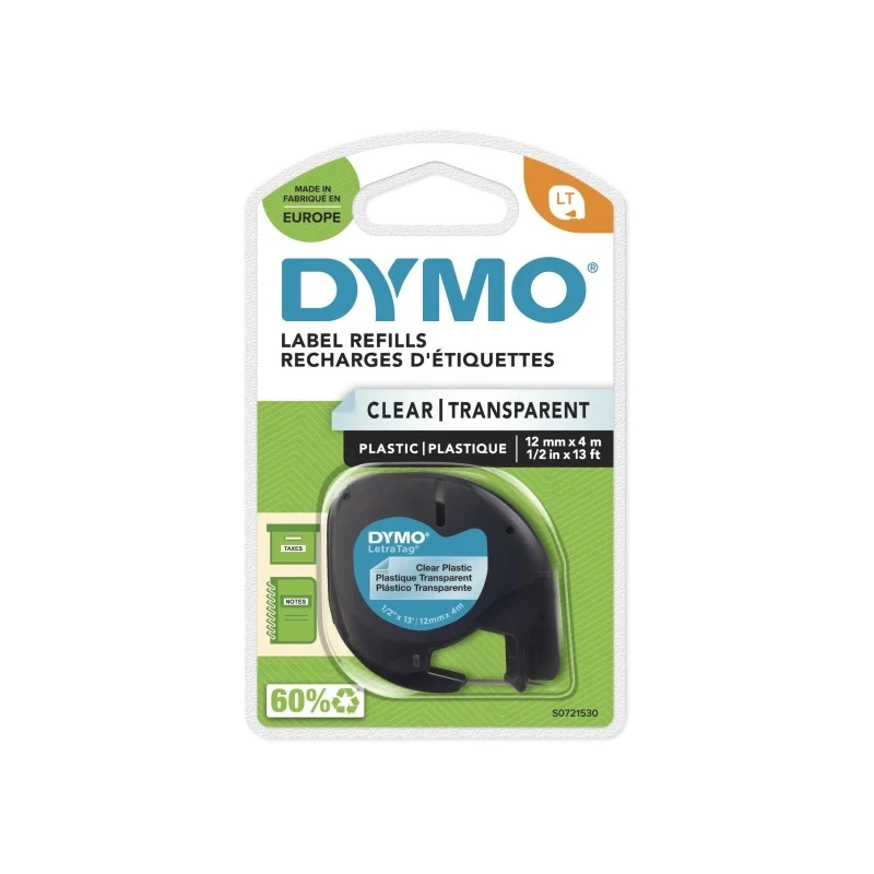 Dymo Black on Clear Label Printer Tape, 12 mm Width, 4 m Length, Compatible with LetraTag LT100H LT100T S0721530