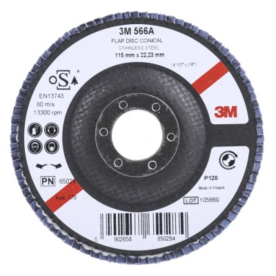 3M 566A Zirconia Aluminium Flap Disc, Fine Grade, P120 Grit, 115mm, 13000rpm 3M566A B61787