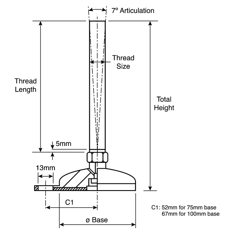 Nu-Tech Engineering M20 Adjustable Foot 100 mm Diameter, Stainless Steel, 1000 kg Static Load Capacity, 3.5° Tilt A205/011
