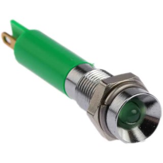 RS PRO Green Panel Mount LED Indicator 24V DC 20mA, Solder Tab Termination, Recessed Bezel, Silver, 34.4mm Panel 205-022