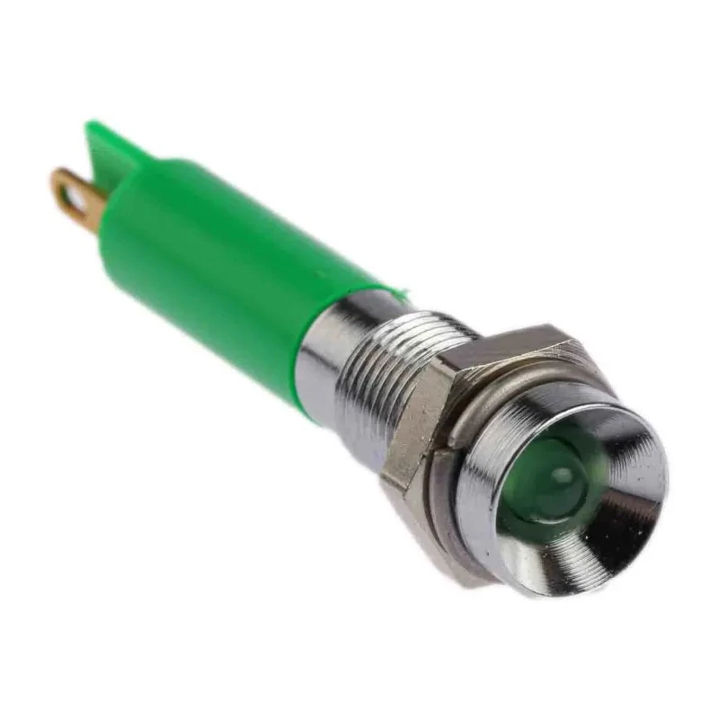 RS PRO Green Panel Mount LED Indicator 24V DC 20mA, Solder Tab Termination, Recessed Bezel, Silver, 34.4mm Panel 205-022