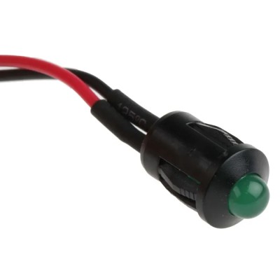 RS PRO Green Panel Mount LED Indicator 24V DC, 20mA, Lead Wire Termination, Prominent Bezel, 206-867