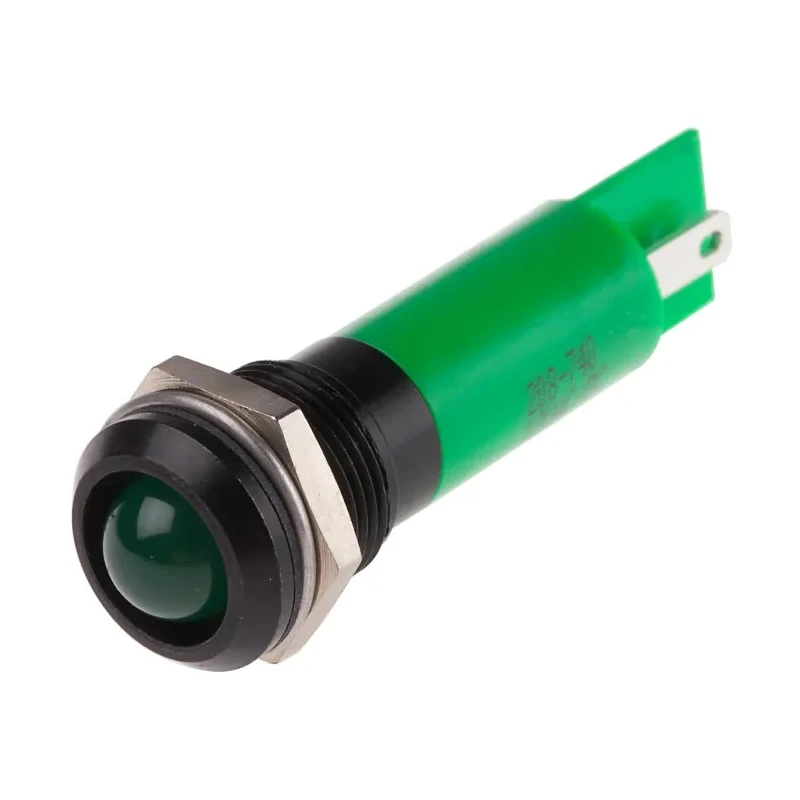 RS PRO Green Panel Mount LED Indicator 12 V AC/DC, 20mA, IP67, Solder Tab, Prominent Bezel 208-740