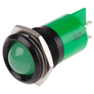 RS PRO Panel Mount LED Indicator Green 24V AC/DC 20mA Solder Tab IP67 22 mm Mount Hole Prominent Bezel 211-134