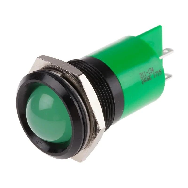 RS PRO Panel Mount LED Indicator Green 24V AC/DC 20mA Solder Tab IP67 22 mm Mount Hole Prominent Bezel 211-134