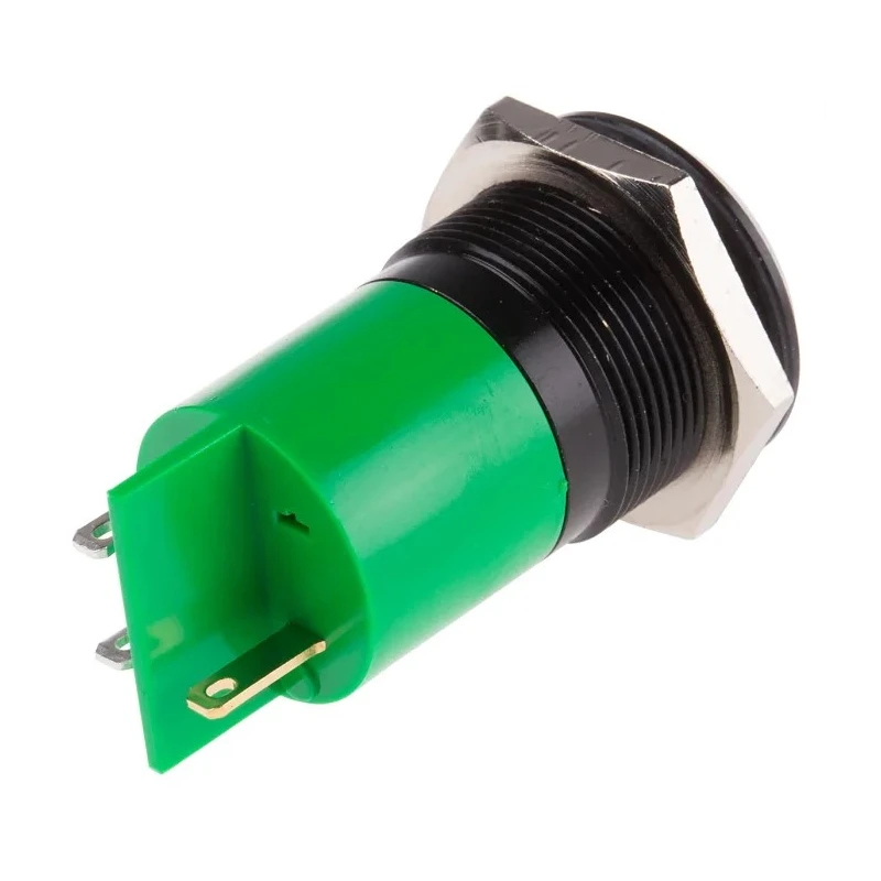 RS PRO Panel Mount LED Indicator Green 24V AC/DC 20mA Solder Tab IP67 22 mm Mount Hole Prominent Bezel 211-134