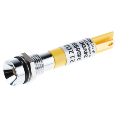 RS PRO Yellow Panel Mount LED Indicator, 20mA, Solder Tab, IP67, Recessed Chrome Bezel 212-020