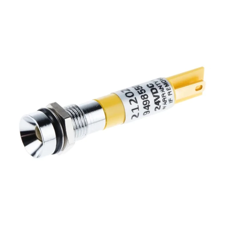 RS PRO Yellow Panel Mount LED Indicator, 20mA, Solder Tab, IP67, Recessed Chrome Bezel 212-020