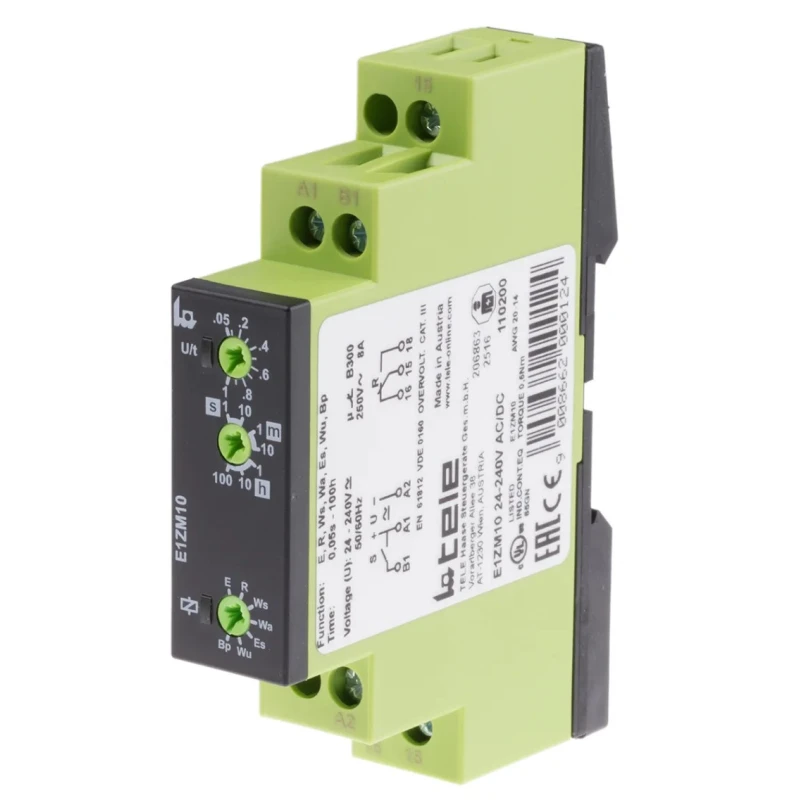 Tele Multifunction DIN Rail Timer Relay 1-Contact, 24–240V AC/DC, 0.05 s to 100 h, SPDT, IP40 E1ZM10