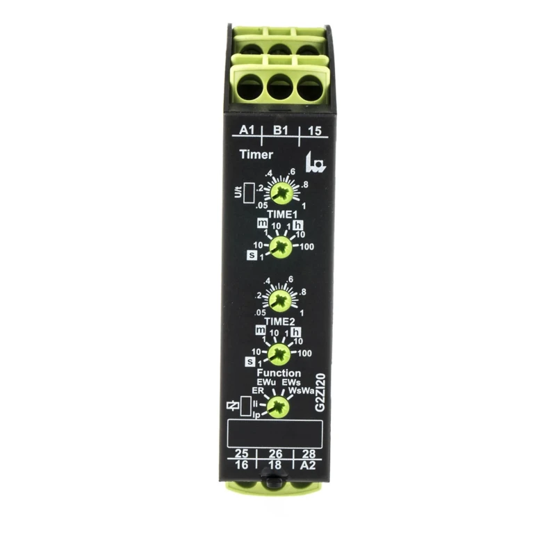 Tele DIN Rail Multifunction Timer Relay, DPDT Contacts, 12–240V AC/DC, 0.05s to 100h, IP40 G2ZI20