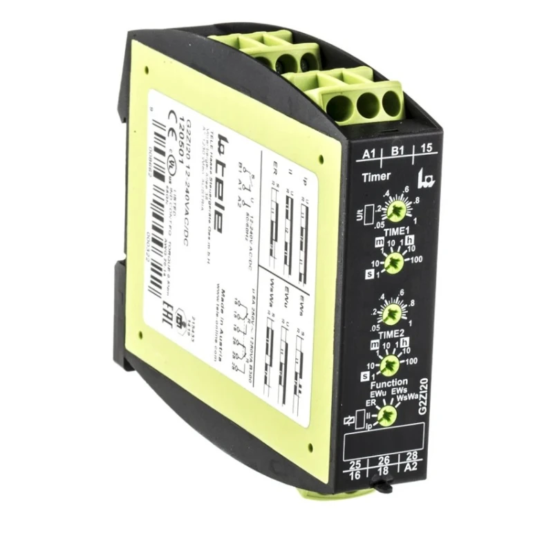 Tele DIN Rail Multifunction Timer Relay, DPDT Contacts, 12–240V AC/DC, 0.05s to 100h, IP40 G2ZI20