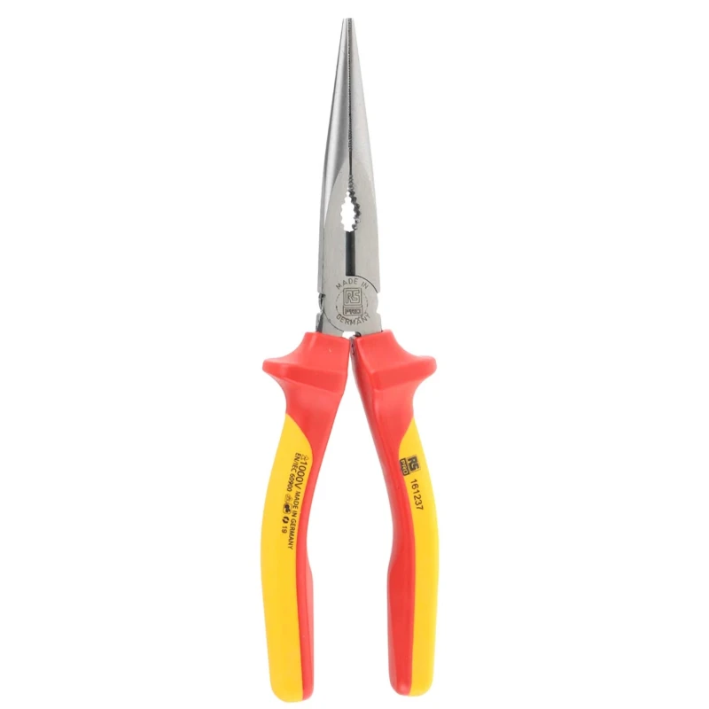 RS PRO Long Nose Plier VDE Insulated, 200mm, Dual Component Handle, Steel, Mirror Polished Finish, 1000V Rated, 161-237