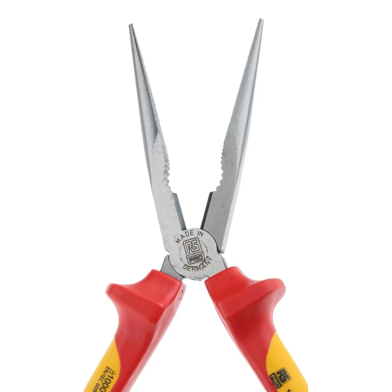 RS PRO Long Nose Plier VDE Insulated, 200mm, Dual Component Handle, Steel, Mirror Polished Finish, 1000V Rated, 161-237