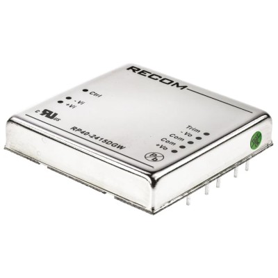 Recom DC-DC Converter, 15V Output, 1.33A, 36V Input Max, 40W, Through Hole, Dual Output, 1.6kV Isolation RP40