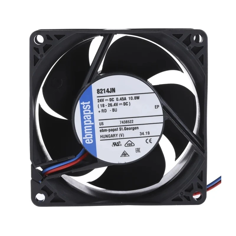 ebm-papst  8200 J Series Axial Fan 24V DC 132.6 m³/h 10.8 W 417 mA IP20 80x80x38 mm Ball Bearing