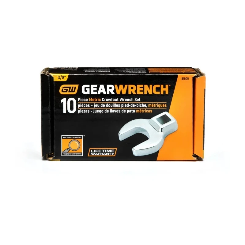 GearWrench 10-Piece Crow Foot Spanner Set, Metric, 10 to 19 mm, Alloy Steel, Chrome Finish 81909