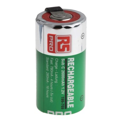 RS PRO NiMH Rechargeable Battery 1.2V, 2.6Ah, 22.6mm Diameter, High Temperature, Tagged 199-769