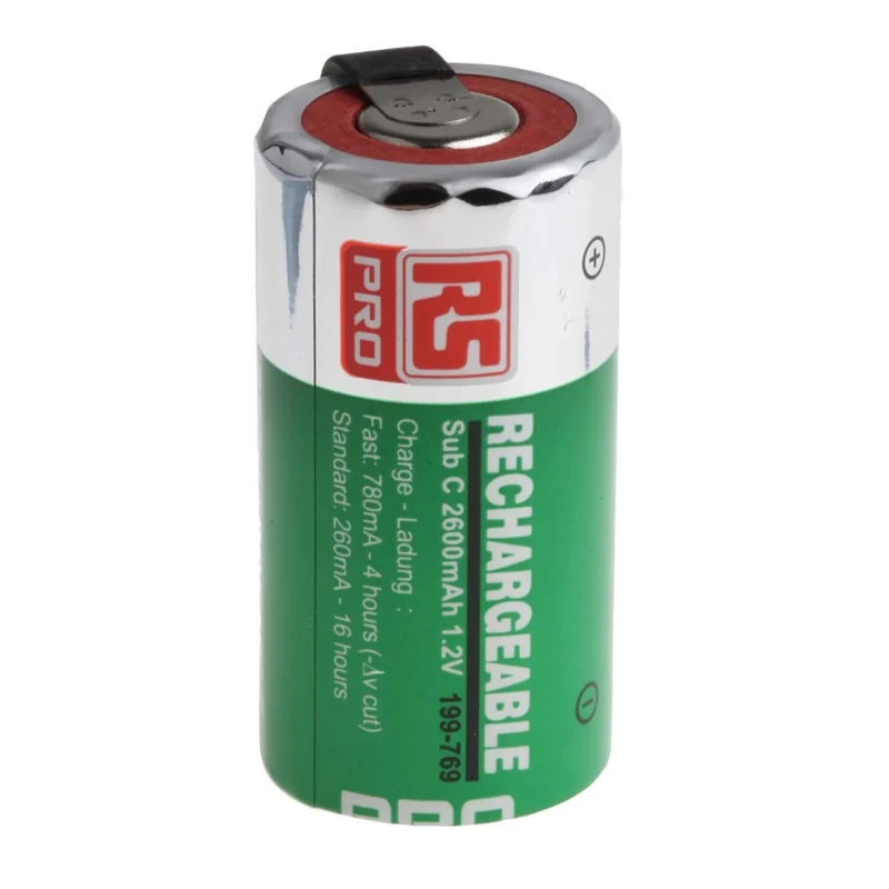 RS PRO NiMH Rechargeable Battery 1.2V, 2.6Ah, 22.6mm Diameter, High Temperature, Tagged 199-769
