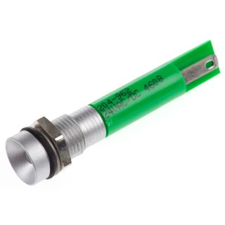 RS PRO Green Panel Mount LED Indicator, 24V AC/DC, 20mA, IP67, Recessed, 8mm, Solder Tab 204-962