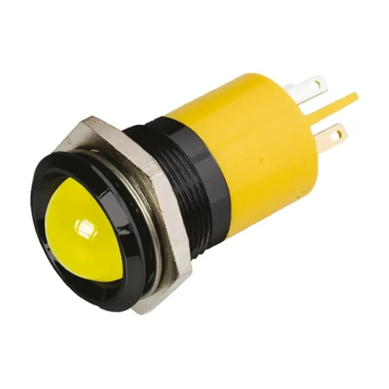 RS PRO Yellow Panel Mount LED Indicator 24V DC 20mA Prominent Bezel Solder Tab 61mm 205-000