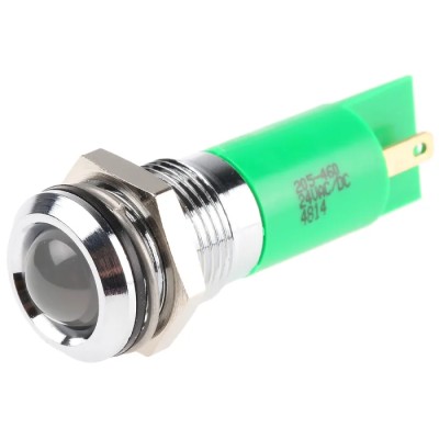 RS PRO Green Panel Mount Indicator 24 V AC/DC IP67 Solder Tab Prominent Bezel 46mm 205-460