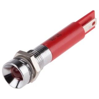 RS PRO Panel Mount LED Indicator Red 12V AC 20mA Solder Tab Recessed Silver Bezel 41mm 207-028