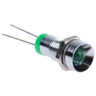 RS PRO Green Panel Mount LED Indicator 2V DC 20mA Solder Tab Recessed 8mm Chrome Bezel 23mm Length 207-832