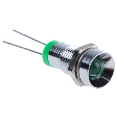 RS PRO Green Panel Mount LED Indicator 2V DC 20mA Solder Tab Recessed 8mm Chrome Bezel 23mm Length 207-832