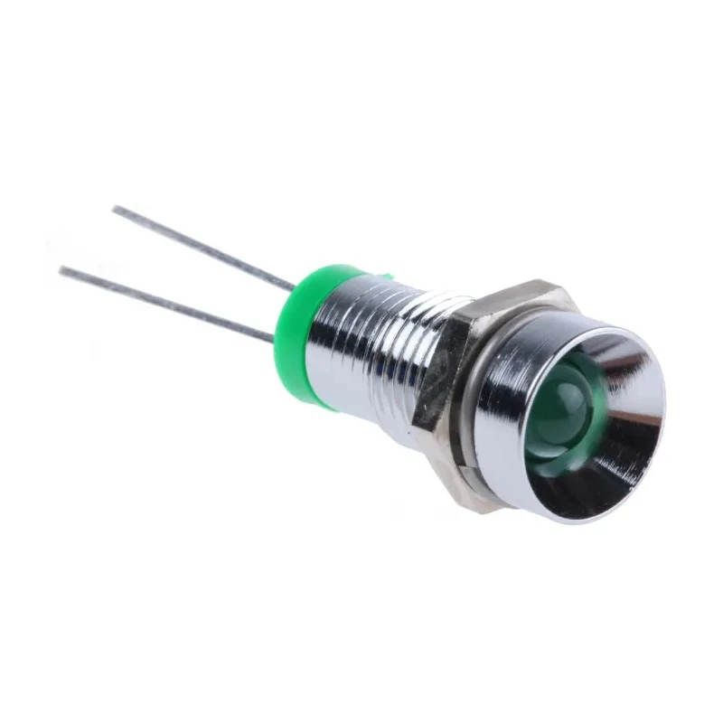 RS PRO Green Panel Mount LED Indicator 2V DC 20mA Solder Tab Recessed 8mm Chrome Bezel 23mm Length 207-832
