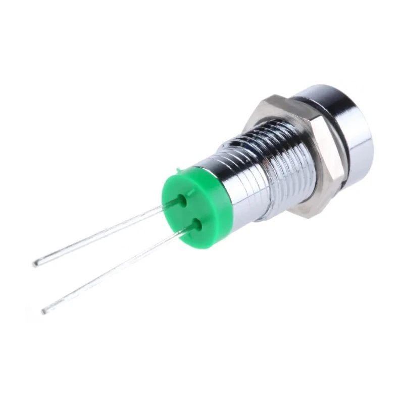 RS PRO Green Panel Mount LED Indicator 2V DC 20mA Solder Tab Recessed 8mm Chrome Bezel 23mm Length 207-832