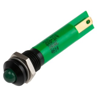 RS PRO Green Panel Mount LED Indicator, 24V AC, Prominent Bezel, Solder Tab, 8mm Mounting, 40mm Length 208-374