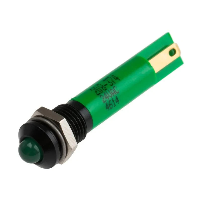 RS PRO Green Panel Mount LED Indicator, 24V AC, Prominent Bezel, Solder Tab, 8mm Mounting, 40mm Length 208-374