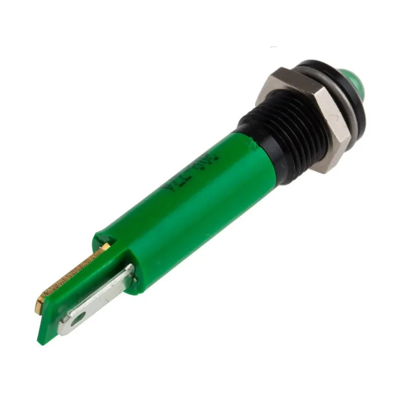 RS PRO Green Panel Mount LED Indicator, 24V AC, Prominent Bezel, Solder Tab, 8mm Mounting, 40mm Length 208-374