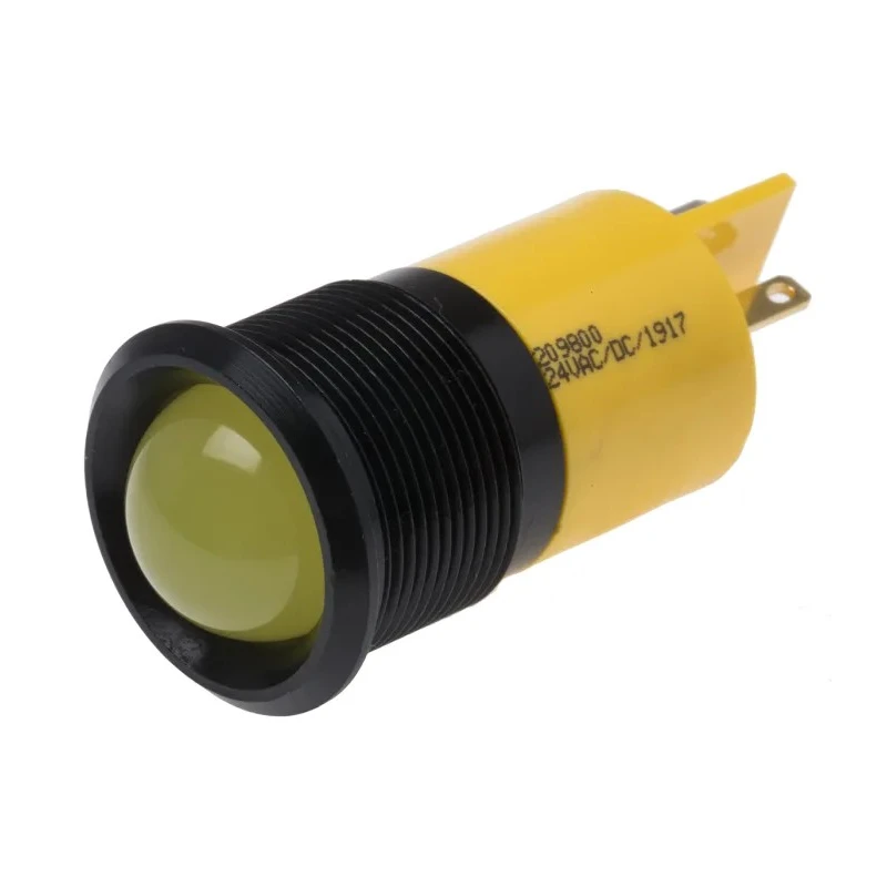 RS PRO Yellow Panel Mount LED Indicator 24V AC, 20mA, Solder Tab, IP67, Prominent Chrome Bezel 209-800