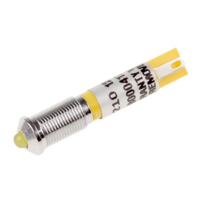 RS PRO Yellow Panel Mount LED Indicator 12V DC, 20mA, Solder Tab, Prominent Bezel, 6mm Mount Hole, 34.4mm Length 210-210