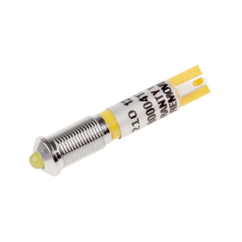 RS PRO Yellow Panel Mount LED Indicator 12V DC, 20mA, Solder Tab, Prominent Bezel, 6mm Mount Hole, 34.4mm Length 210-210