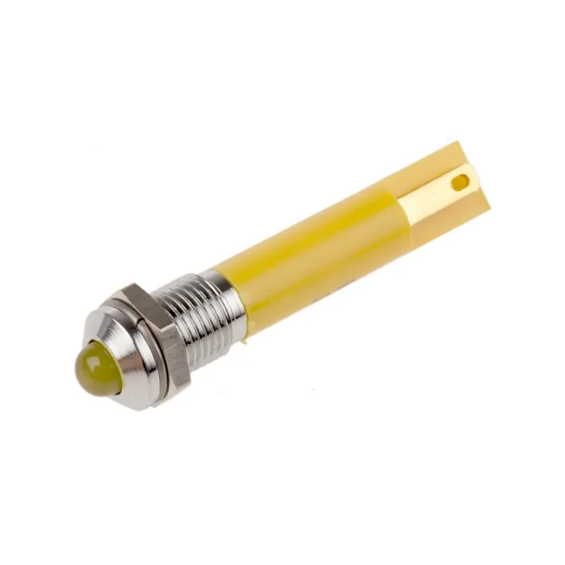 RS PRO Yellow Panel Mount LED Indicator, 12V AC, 20mA, Solder Tab, Prominent Bezel, 8mm Hole, Model 210-557