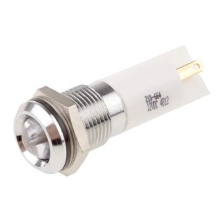 RS PRO White Panel Mount LED Indicator 12V, IP67, Prominent Bezel, 47mm Length, Chrome/Silver IP67